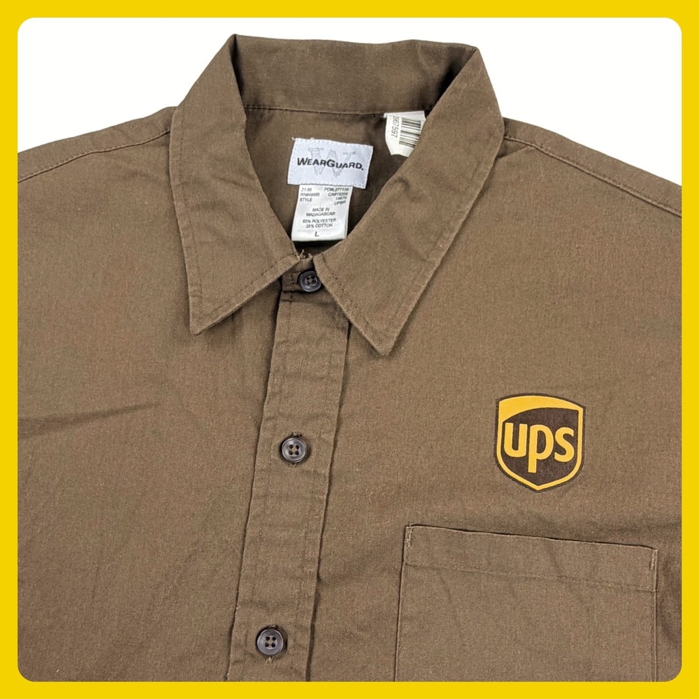 Vintage UPS Work Shirt Men LARGE Brown Short Sleeve Uniform Logo Patch Pocket